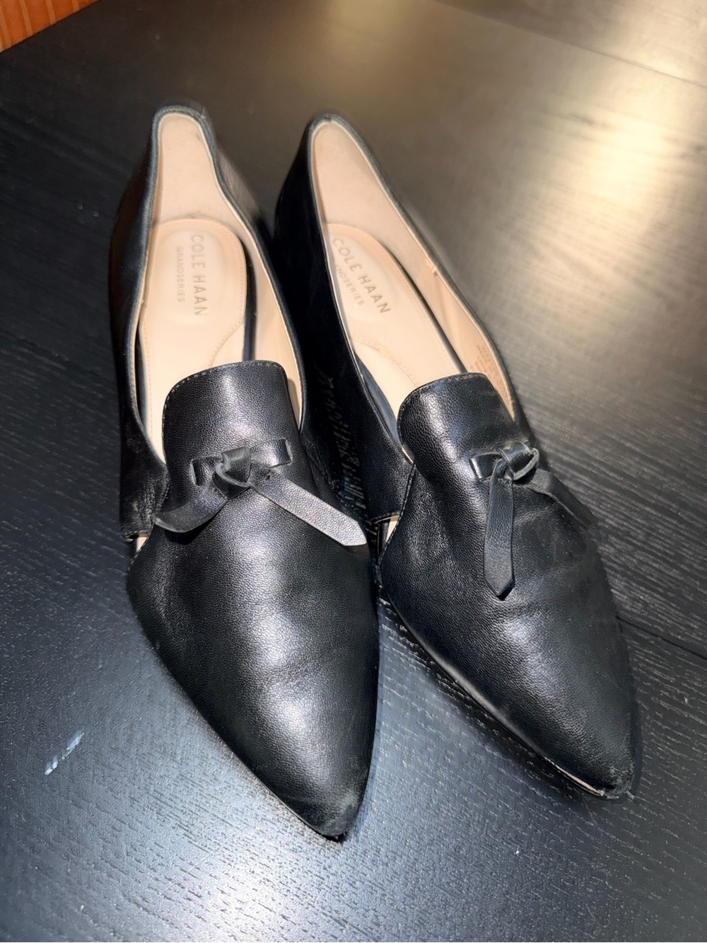 Cole Haan Black Leather Pointed Loafer Flats with Bow Accent